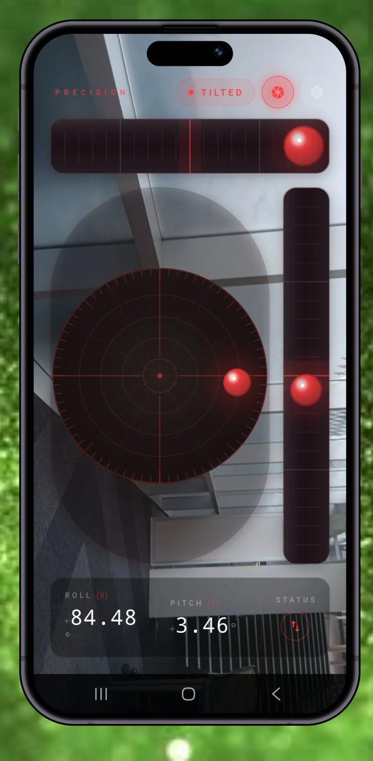 AR camera level mode showing a tilted wall with red roll and pitch indicators