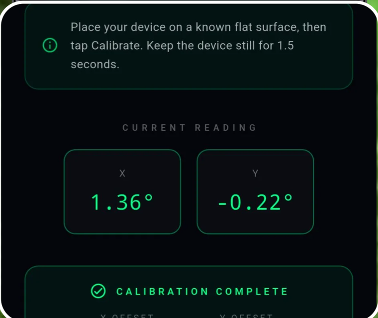 Calibration complete confirmation on the Precision Level app