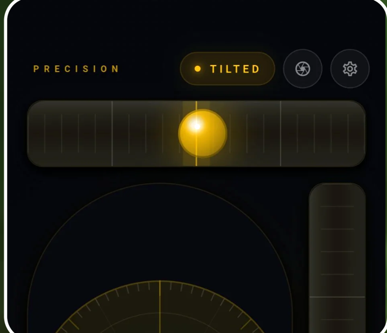 Precision Level dial close-up showing an amber bubble indicator while the device is tilted