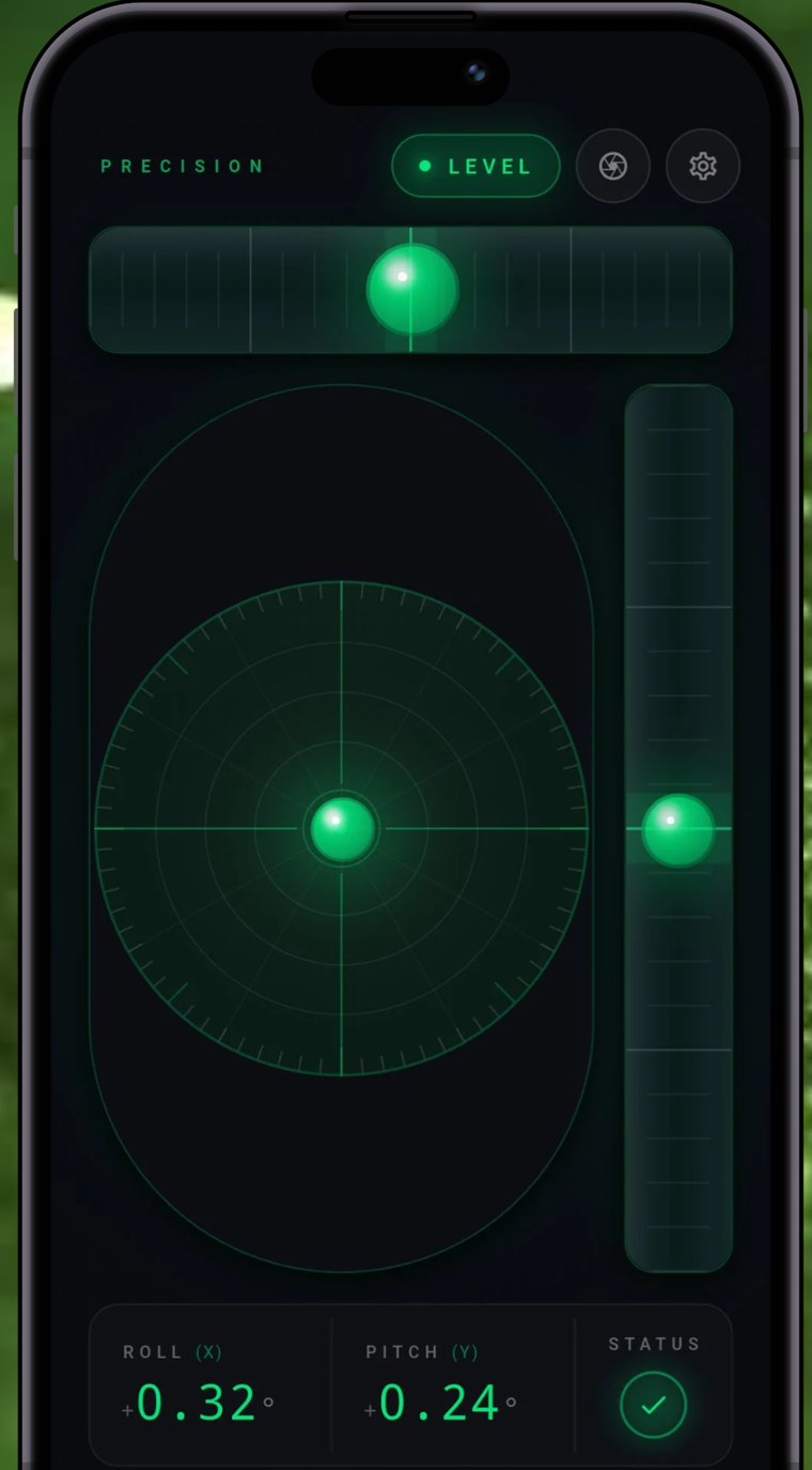 Precision Level digital bubble level app showing roll and pitch readings at 0.32 degrees