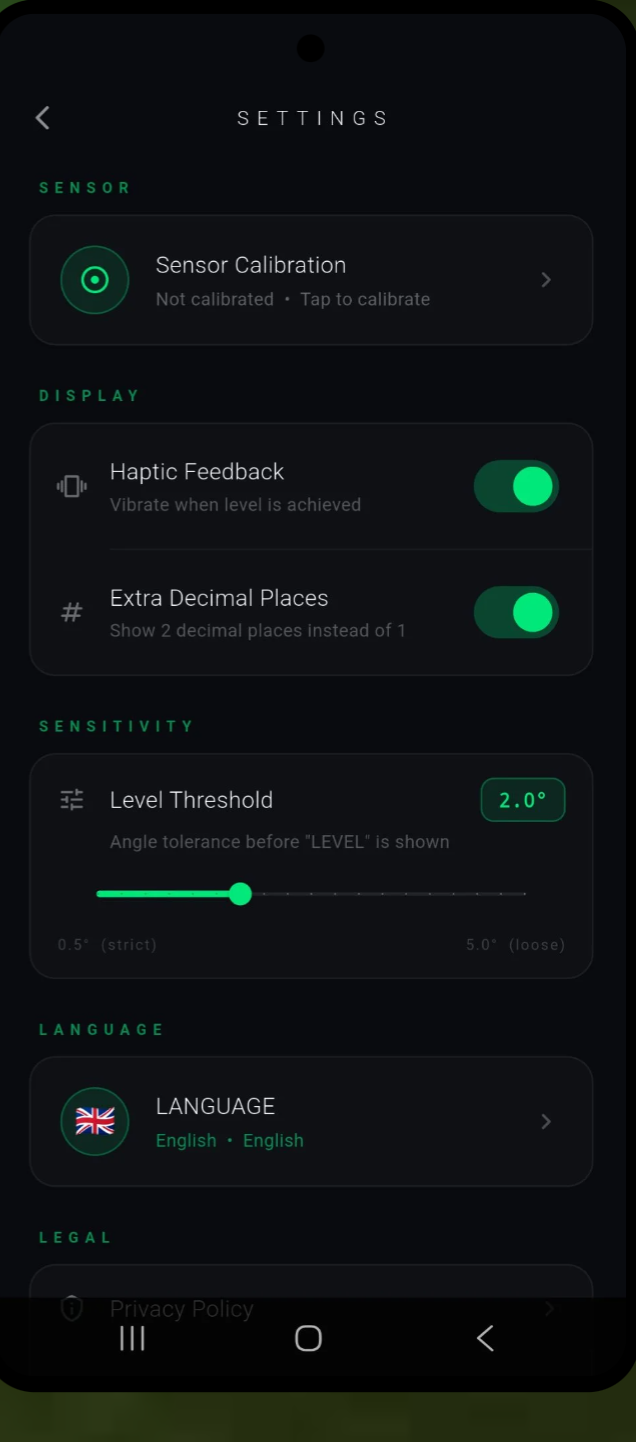 Precision Level settings screen showing level threshold sensitivity slider and haptic feedback toggle